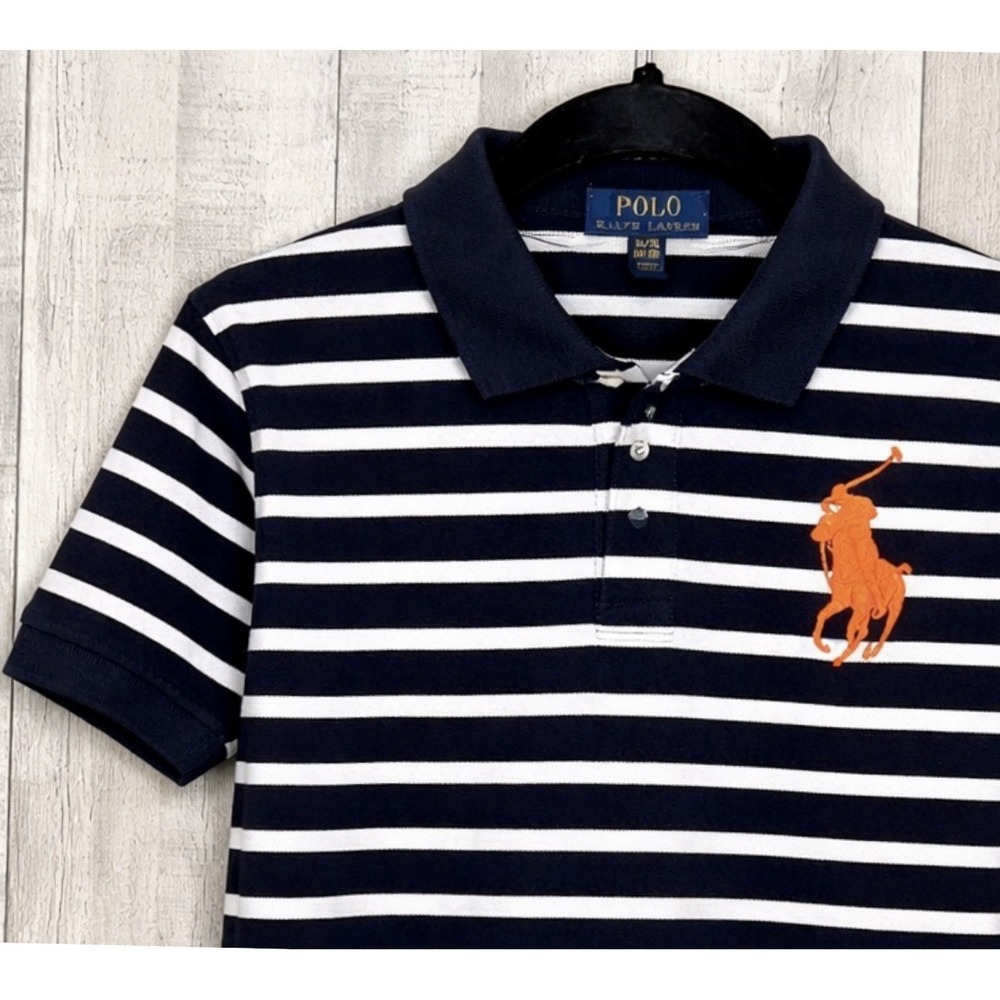 Polo Ralph Lauren Big Pony Striped Shirt‎ Yth XL 18-20 Navy White Orange Pique